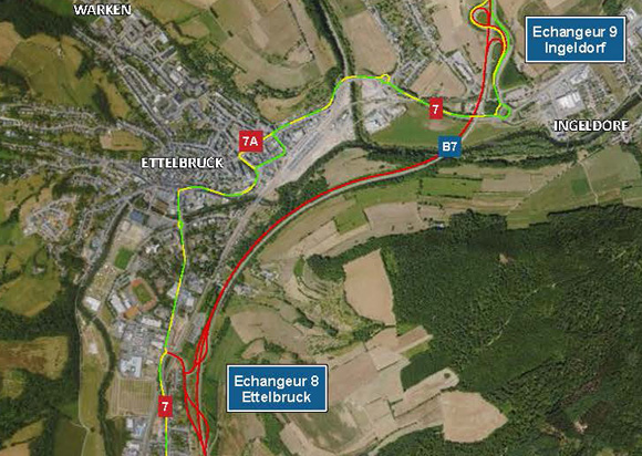 A7 + B7: Chantier entre l’échangeur Colmar-Berg et l’échangeur Ingeldorf du vendredi 25 juillet vers 20h00 jusqu’au lundi 28 juillet vers 05h00