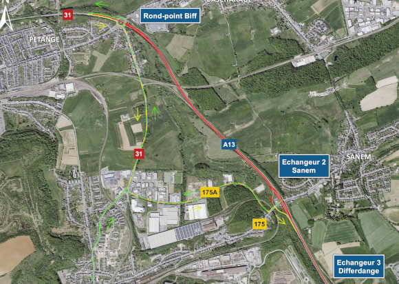 A13: Barrages de l’autoroute entre l’échangeur Differdange et le rond-point Biff les nuits de mardi 28 au mercredi 29 juillet 2026 ainsi que du mercredi 29 au jeudi 30 juillet 2026